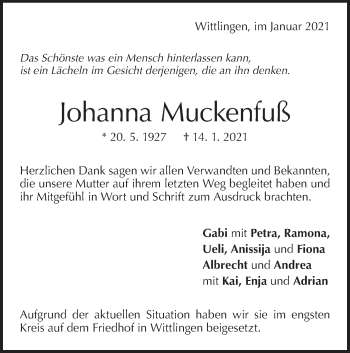 Traueranzeige von Johanna Muckenfuß von Metzinger-Uracher Volksblatt