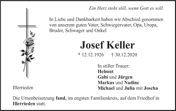 Traueranzeige von Josef Keller von Illertal Bote