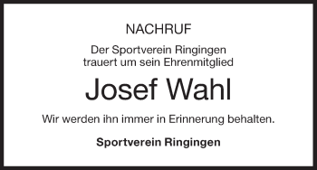 Traueranzeige von Josef Wahl von Metzinger-Uracher Volksblatt