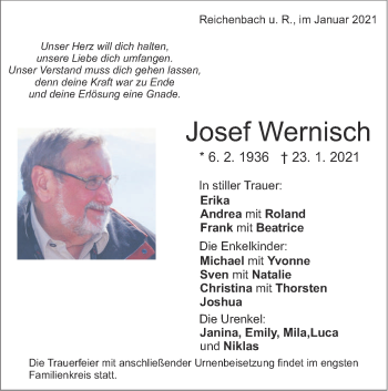 Traueranzeige von Josef Wernisch von NWZ Neue Württembergische Zeitung