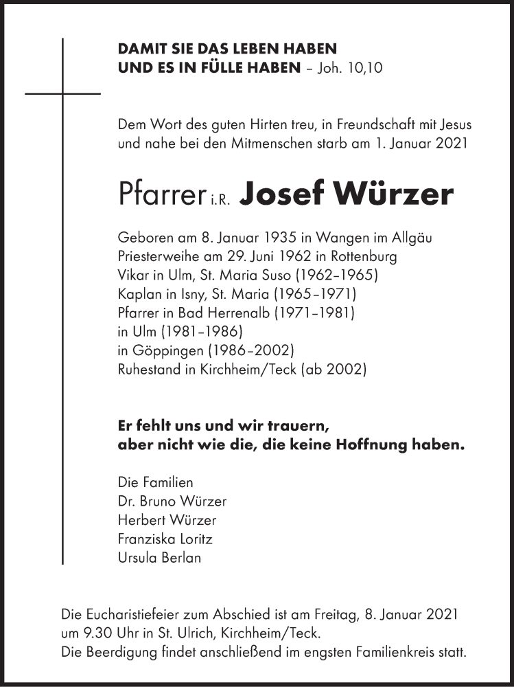  Traueranzeige für Josef Würzer vom 07.01.2021 aus NWZ Neue Württembergische Zeitung