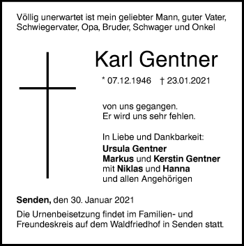 Traueranzeige von Karl Gentner von SÜDWEST PRESSE Ausgabe Ulm/Neu-Ulm