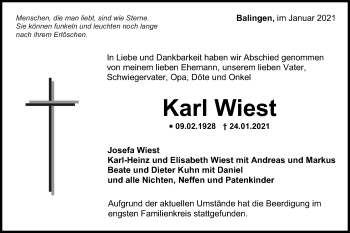 Traueranzeige von Karl Wiest von Metzinger-Uracher Volksblatt