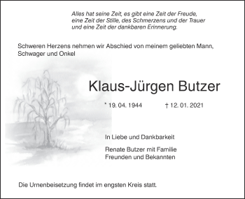 Traueranzeige von Klaus-Jürgen Butzer von SÜDWEST PRESSE Ausgabe Ulm/Neu-Ulm