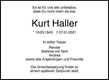 Traueranzeige von Kurt Haller von SÜDWEST PRESSE Ausgabe Ulm/Neu-Ulm