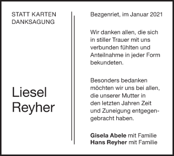 Traueranzeige von Liesel Reyher von NWZ Neue Württembergische Zeitung