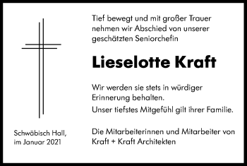 Traueranzeige von Lieselotte Kraft von Haller Tagblatt