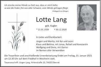 Traueranzeige von Lotte Lang von Haller Tagblatt