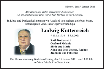 Traueranzeige von Ludwig Kuttenreich von Rundschau Gaildorf