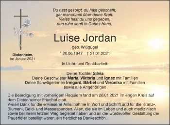 Traueranzeige von Luise Jordan von Illertal Bote