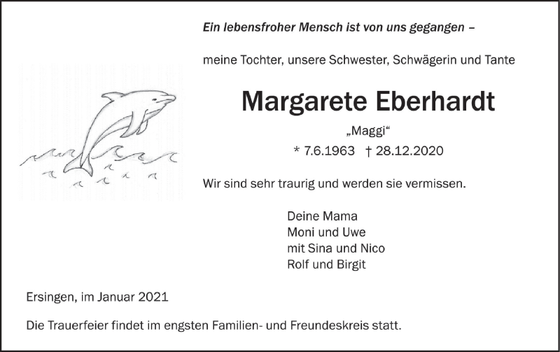  Traueranzeige für Margarete Eberhardt vom 02.01.2021 aus Ehinger Tagblatt