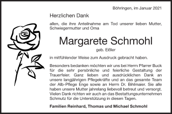 Traueranzeige von Margarete Schmohl von Alb-Bote/Metzinger-Uracher Volksblatt