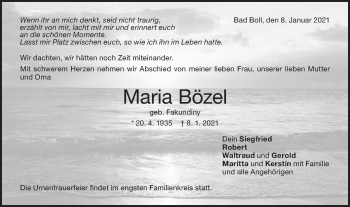 Traueranzeige von Maria Bözel von NWZ Neue Württembergische Zeitung