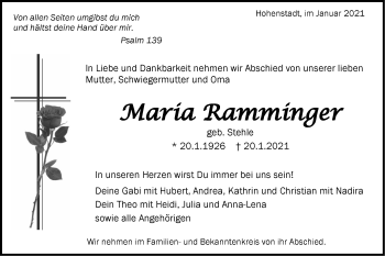 Traueranzeige von Maria Ramminger von Geislinger Zeitung