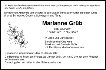 Traueranzeige von Marianne Grüb von Haller Tagblatt