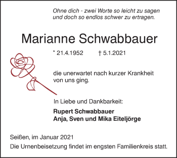 Traueranzeige von Marianne Schwabbauer von SÜDWEST PRESSE