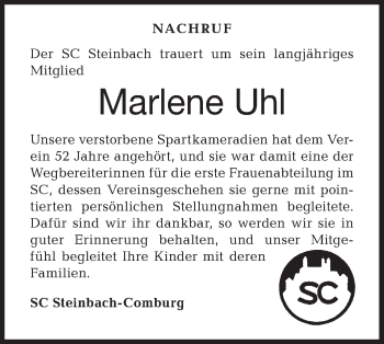 Traueranzeige von Marlene Uhl von Haller Tagblatt