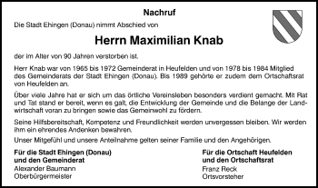 Traueranzeige von Maximilian Knab von Ehinger Tagblatt