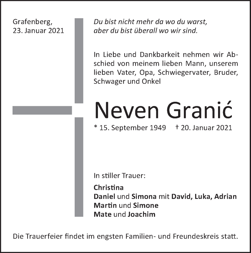  Traueranzeige für Neven Granic vom 21.01.2021 aus Metzinger-Uracher Volksblatt