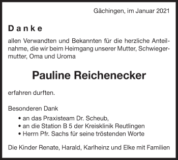 Traueranzeige von Pauline Reichenecker von Metzinger-Uracher Volksblatt