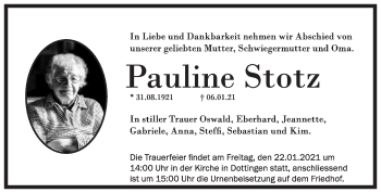 Traueranzeige von Pauline Stotz von Metzinger-Uracher Volksblatt