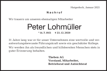 Traueranzeige von Peter Lohmüller von Metzinger-Uracher Volksblatt