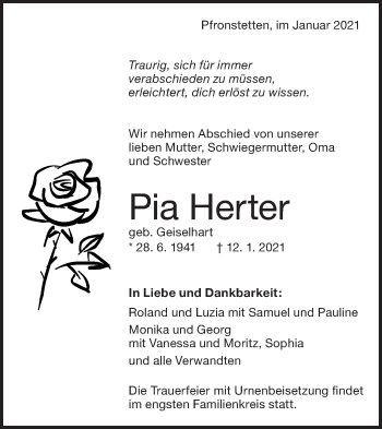 Traueranzeige von Pia Herter von Alb-Bote/Metzinger-Uracher Volksblatt