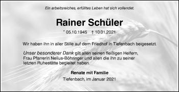 Traueranzeige von Rainer Schüler von Hohenloher Tagblatt