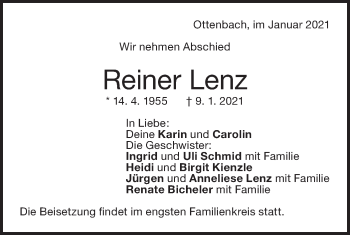 Traueranzeige von Reiner Lenz von NWZ Neue Württembergische Zeitung