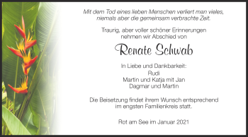 Traueranzeige von Renate Schwab von Hohenloher Tagblatt