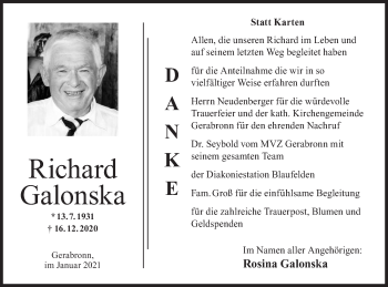 Traueranzeige von Richard Galonska von Hohenloher Tagblatt