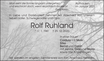 Traueranzeige von Rolf Ruhland von Geislinger Zeitung