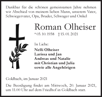 Traueranzeige von Roman Olheiser von Hohenloher Tagblatt