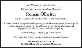 Traueranzeige von Roman Olheiser von Hohenloher Tagblatt