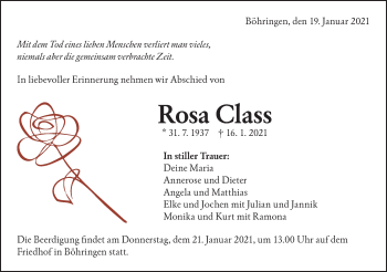 Traueranzeige von Rosa Class von Alb-Bote/Metzinger-Uracher Volksblatt