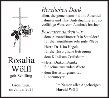 Traueranzeige von Rosalia Wölfl von Hohenloher Tagblatt