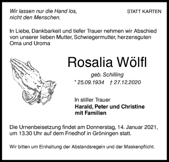 Traueranzeige von Rosalia Wölfl von Hohenloher Tagblatt