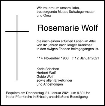 Traueranzeige von Rosemarie Wolf von SÜDWEST PRESSE Ausgabe Ulm/Neu-Ulm