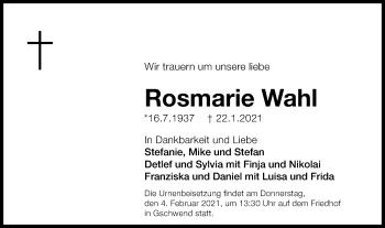 Traueranzeige von Rosmarie Wahl von Rundschau Gaildorf