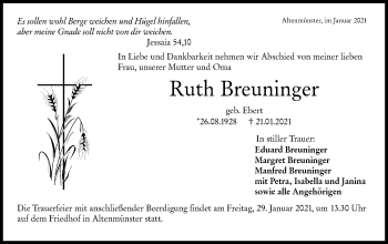 Traueranzeige von Ruth Breuninger von Hohenloher Tagblatt