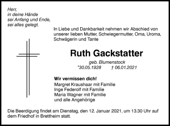 Traueranzeige von Ruth Gackstatter von Hohenloher Tagblatt