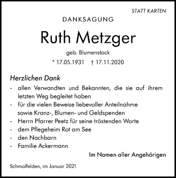 Traueranzeige von Ruth Metzger von Hohenloher Tagblatt