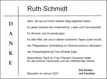 Traueranzeige von Ruth Schmidt von SÜDWEST PRESSE Ausgabe Ulm/Neu-Ulm