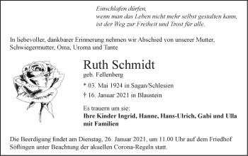 Traueranzeige von Ruth Schmidt von SÜDWEST PRESSE Ausgabe Ulm/Neu-Ulm