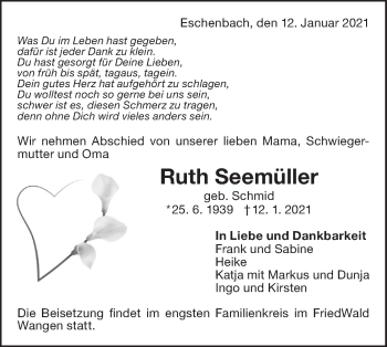 Traueranzeige von Ruth Seemüller von NWZ Neue Württembergische Zeitung