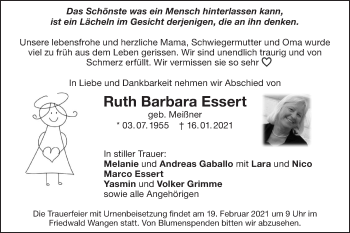 Traueranzeige von Ruth Barbara Essert von NWZ Neue Württembergische Zeitung/Geislinger Zeitung