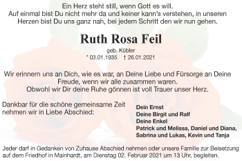 Traueranzeige von Ruth Rosa Feil von Haller Tagblatt