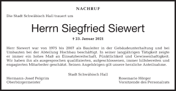 Traueranzeige von Siegfried Siewert von Haller Tagblatt