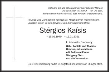 Traueranzeige von Stérgios Kaísis von Ehinger Tagblatt