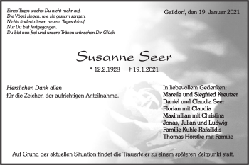 Traueranzeige von Susanne Seer von Rundschau Gaildorf